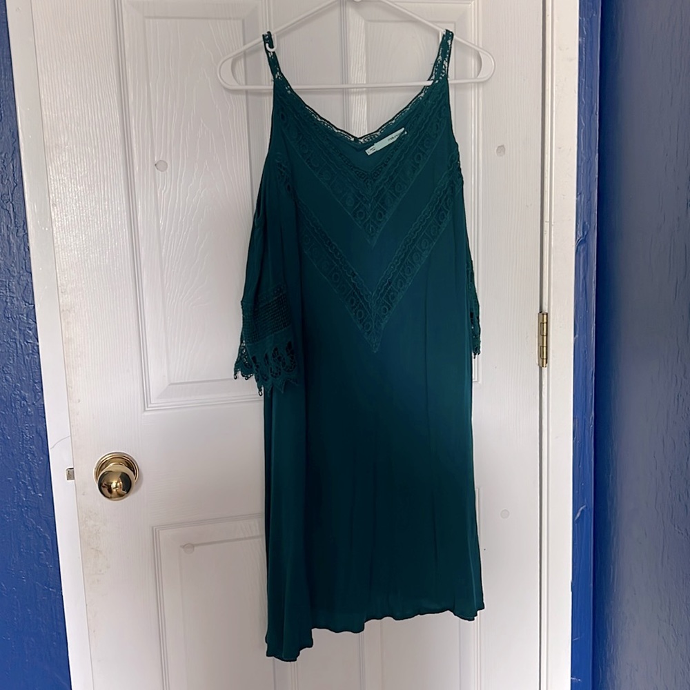 Teal Cold Shoulder Dress with 3/4 sleeves